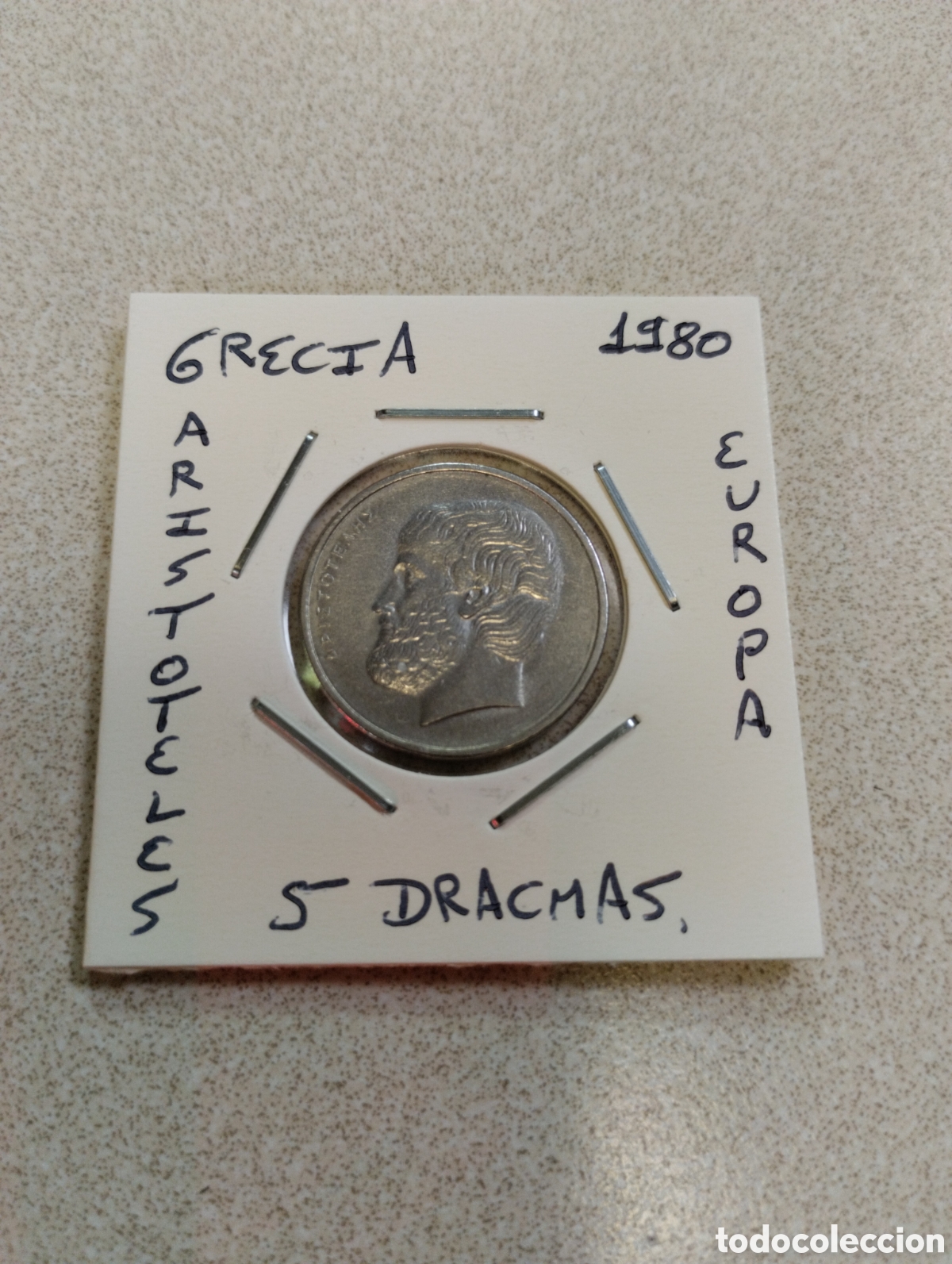 Monedas antiguas de Europa: Moneda 5 dracmas Grecia a&ntilde;o 1980 mbc encartonada