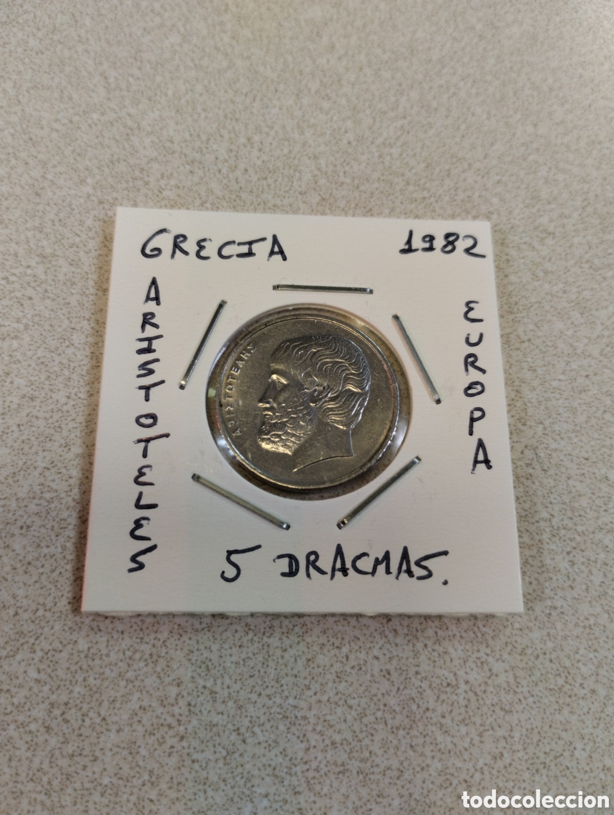 Monedas antiguas de Europa: Moneda 5 dracmas Grecia a&ntilde;o 1982 mbc encartonada