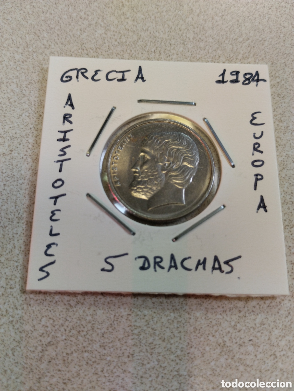 Monedas antiguas de Europa: Moneda 5 dracmas Grecia a&ntilde;o 1984 mbc encartonada