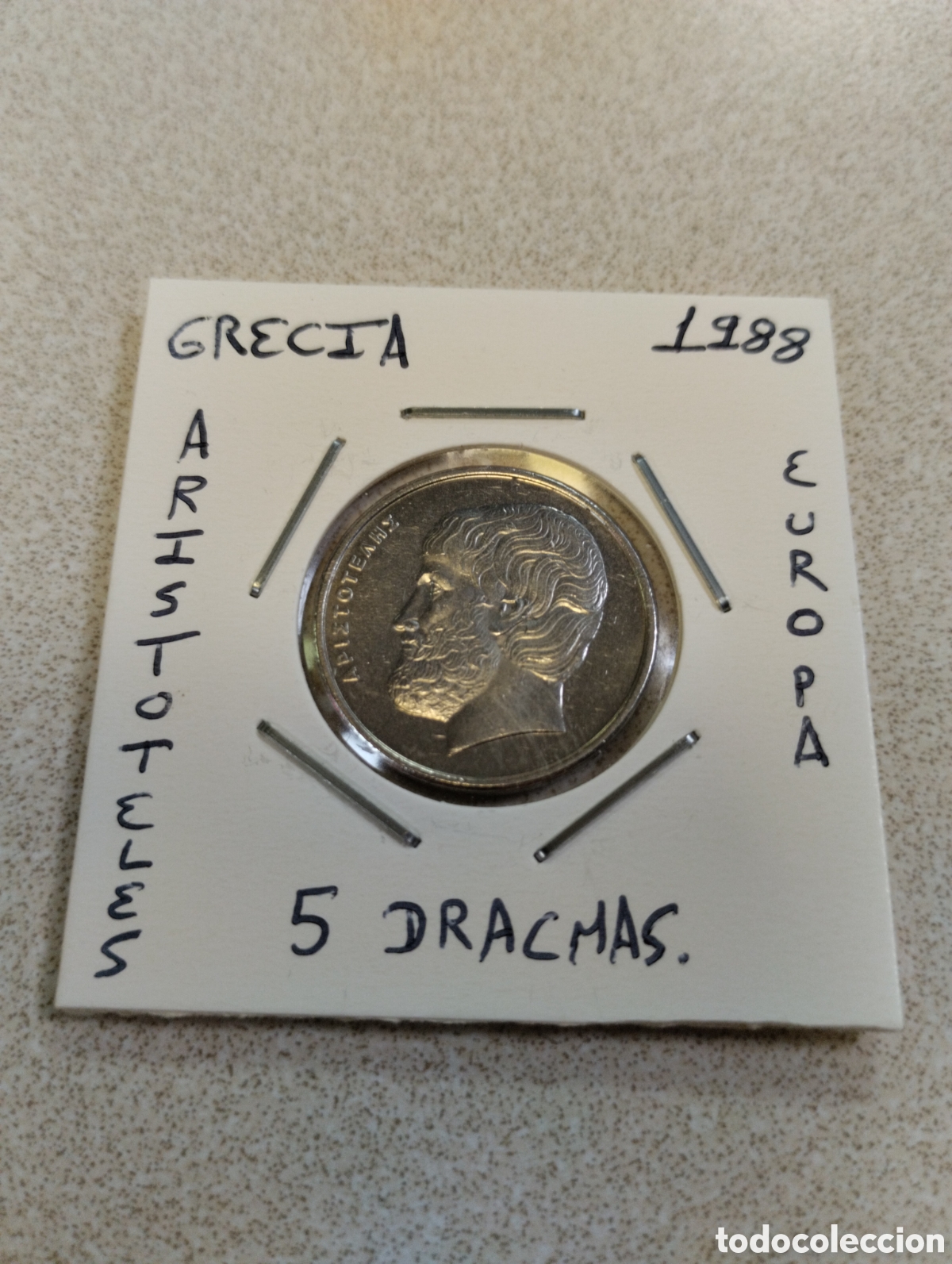 Monedas antiguas de Europa: Moneda 5 dracmas Grecia a&ntilde;o 1988 mbc encartonada