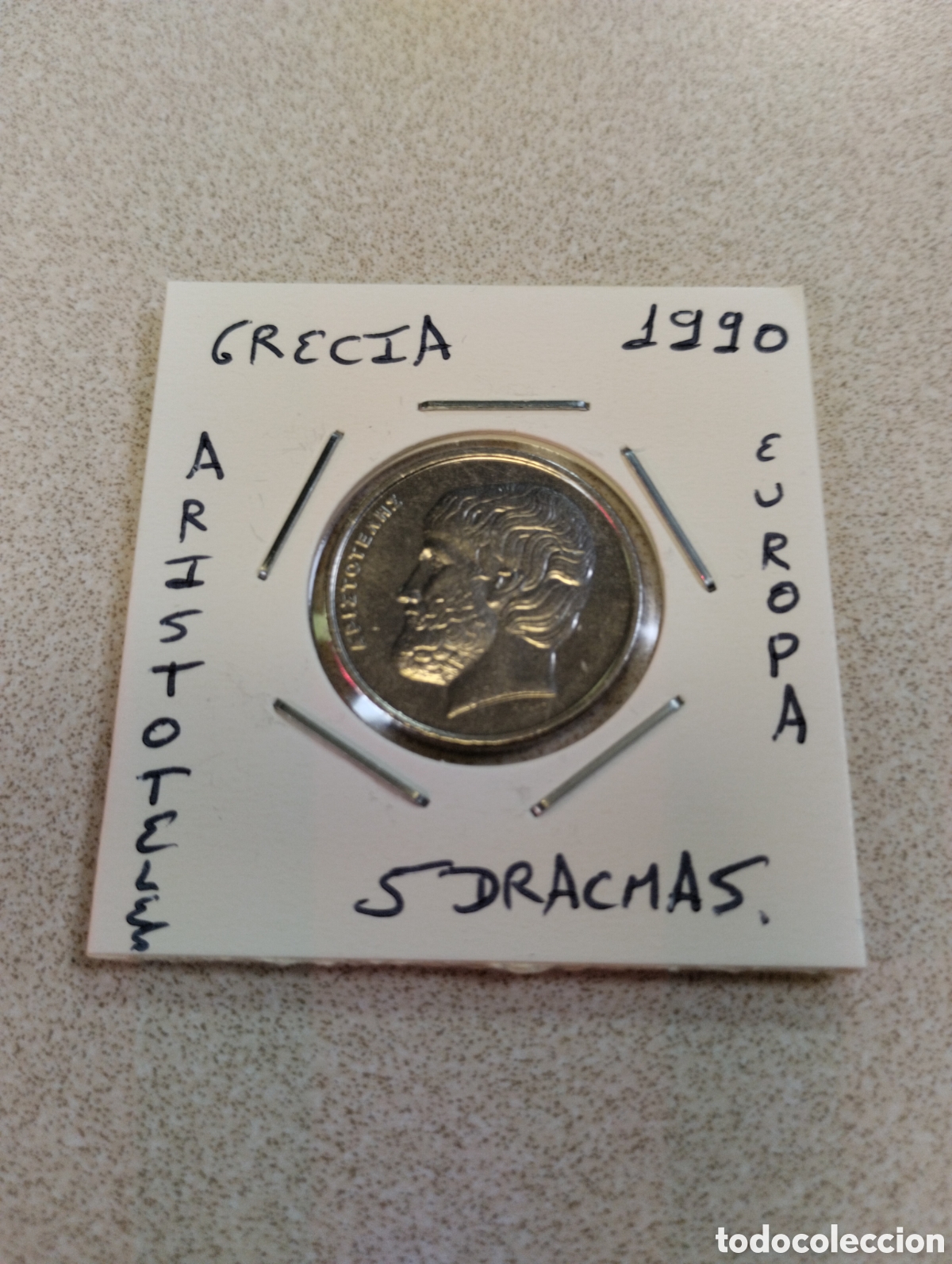 Monedas antiguas de Europa: Moneda 5 dracmas Grecia a&ntilde;o 1990 mbc encartonada