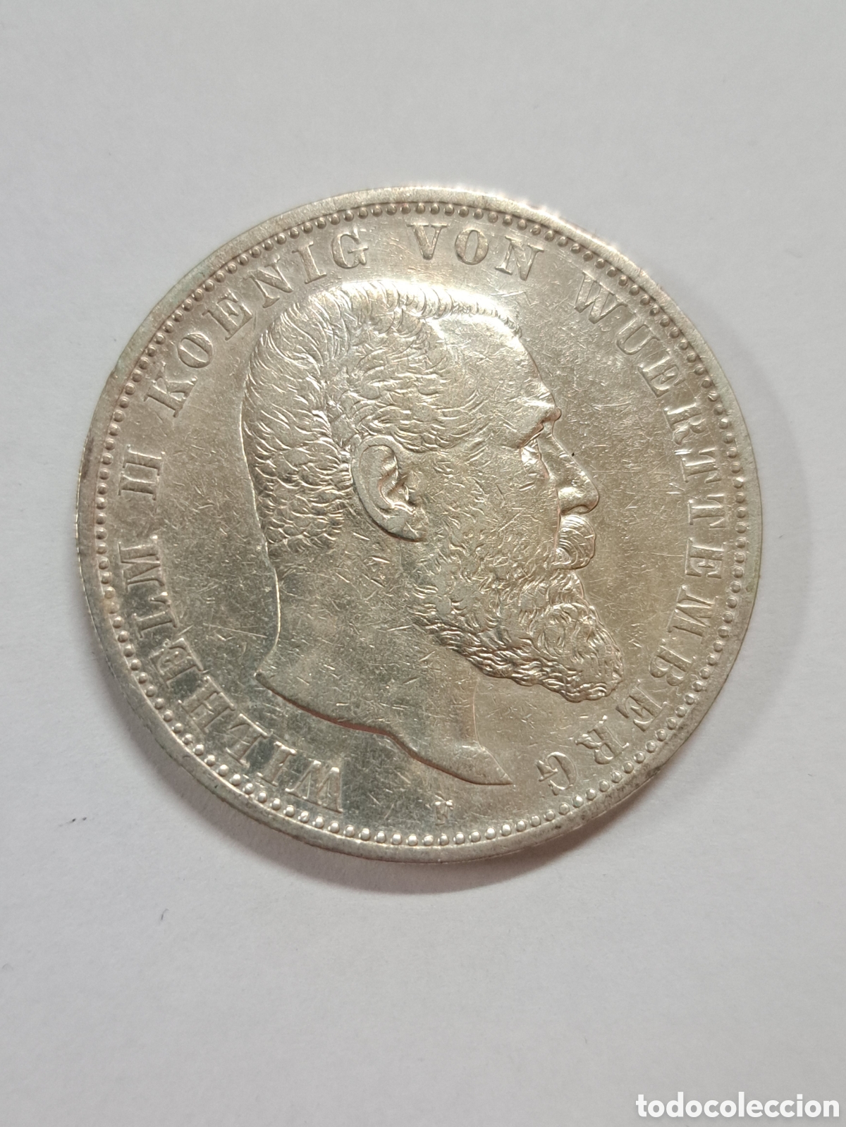 Monedas antiguas de Europa: Moneda de 5 marcos de con el busto del rey Guillermo II de W&uuml;rttemberg. A&ntilde;o 1902