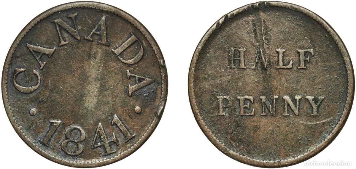 Monedas antiguas de Europa: Canada British colony 1841 &frac12; Penny (James Duncan Token) Copper 5g VF Damage CCT LC-13 Breton His 5