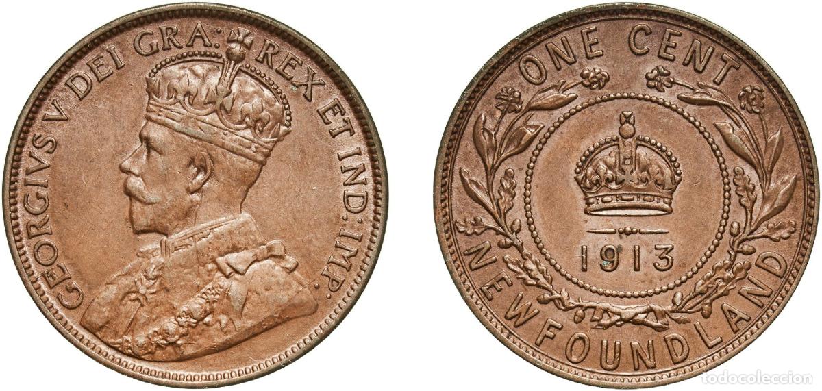 Monedas antiguas de Europa: Canada Newfoundland British Dominion 1913 1 Cent - George V Bronze (1913-1920: .950 copper, .040 ti