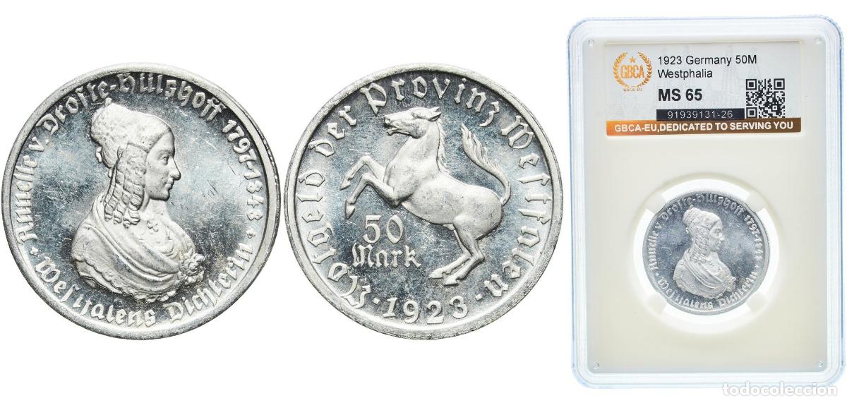 Monedas antiguas de Europa: Germany Prussian province of Westphalia Weimar Republic 1923 50 Mark - Westfalen (Annette v. Droste