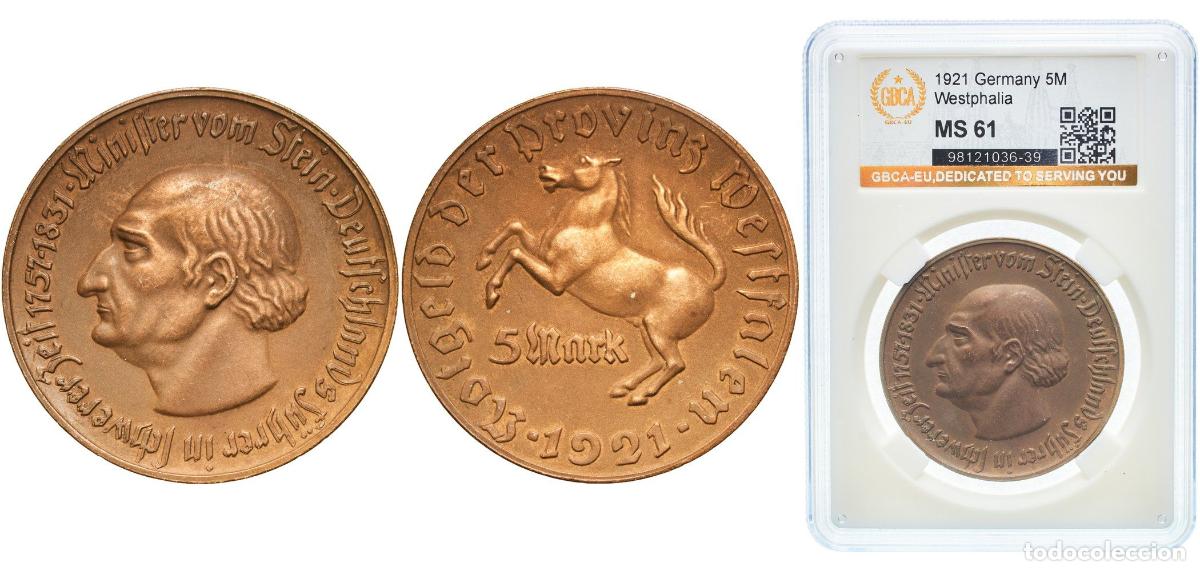 Monedas antiguas de Europa: Germany Prussian province of Westphalia Weimar Republic 1921 5 Mark - Westfalen (Freiherr vom Stein
