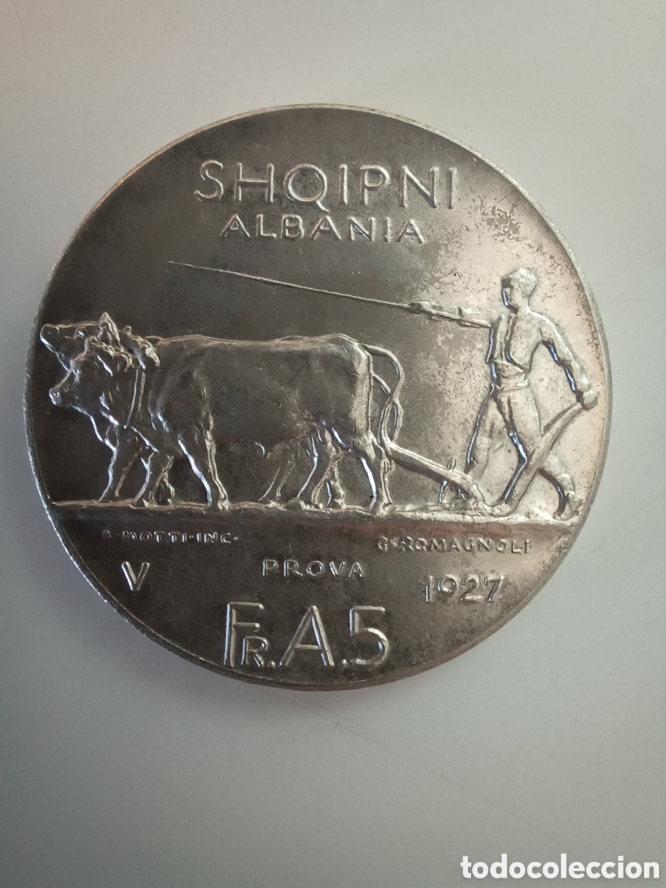 Monedas antiguas de Europa: ALBANIA 5 Franga Ari V PROVA 1927 Rey Zog I FALSA di&aacute;metro 37,22 peso 23,02 ley 900 ESCASA.