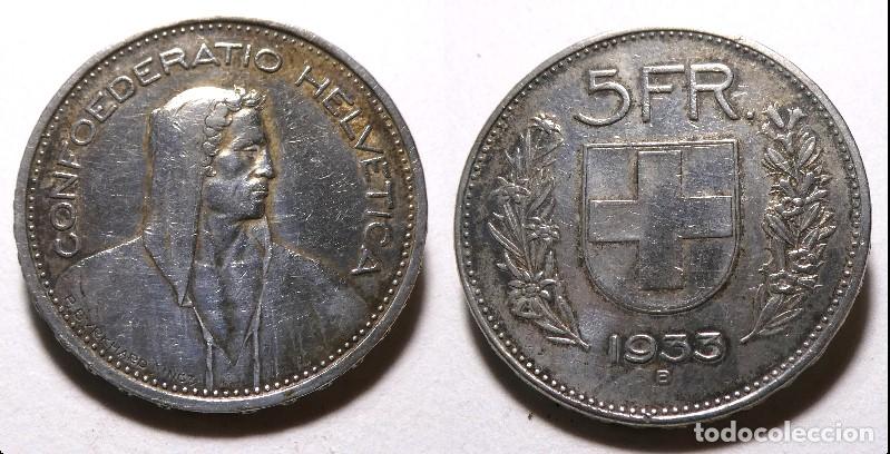 Monedas antiguas de Europa: Moneda de Suiza 5 Francos 1933 B, plata