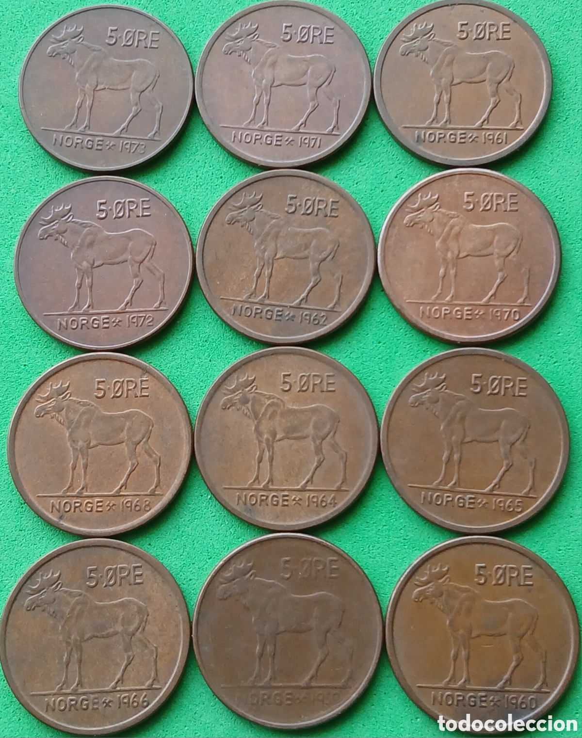 Monedas antiguas de Europa: Noruega 5 ore &times; 12 monedas/ diferentes fechas. Km#405