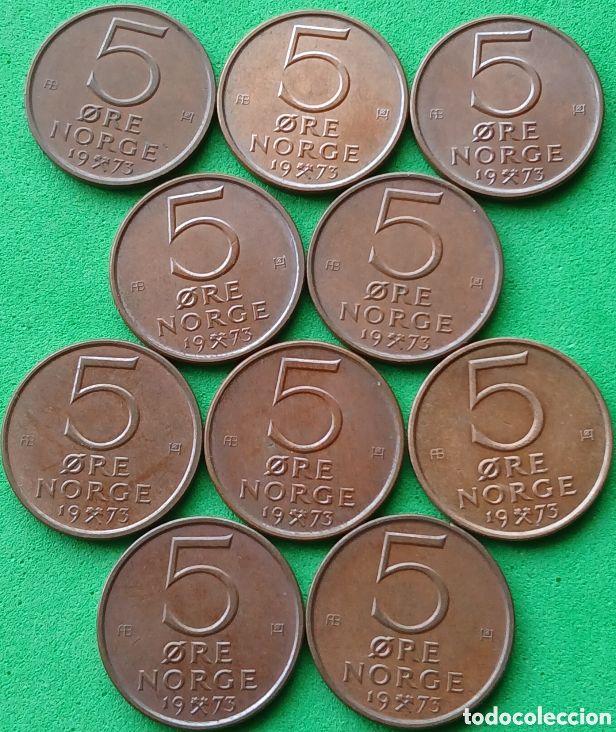 Monedas antiguas de Europa: Noruega 5 ore 1973 x 10 monedas. Km#415