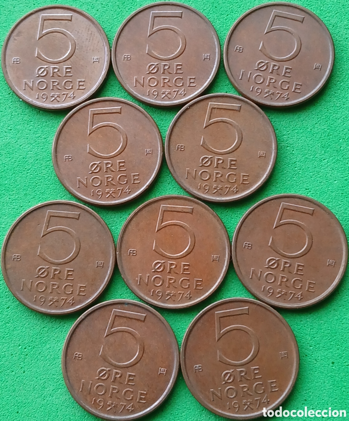 Monedas antiguas de Europa: Noruega 5 ore 1974 &times; 10 monedas. Km#415