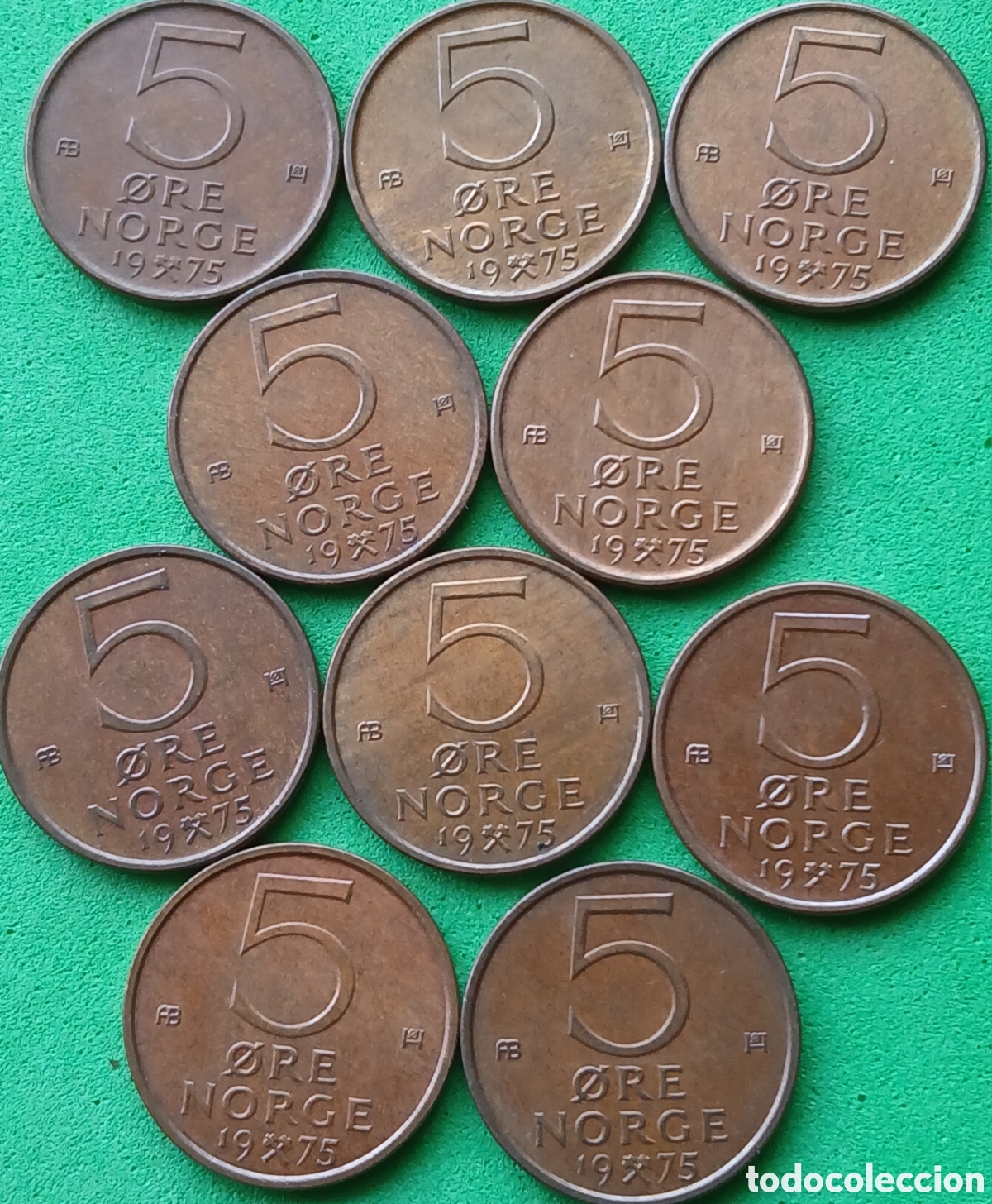 Monedas antiguas de Europa: Noruega 5 ore 1975 &times; 10 monedas. Km#415