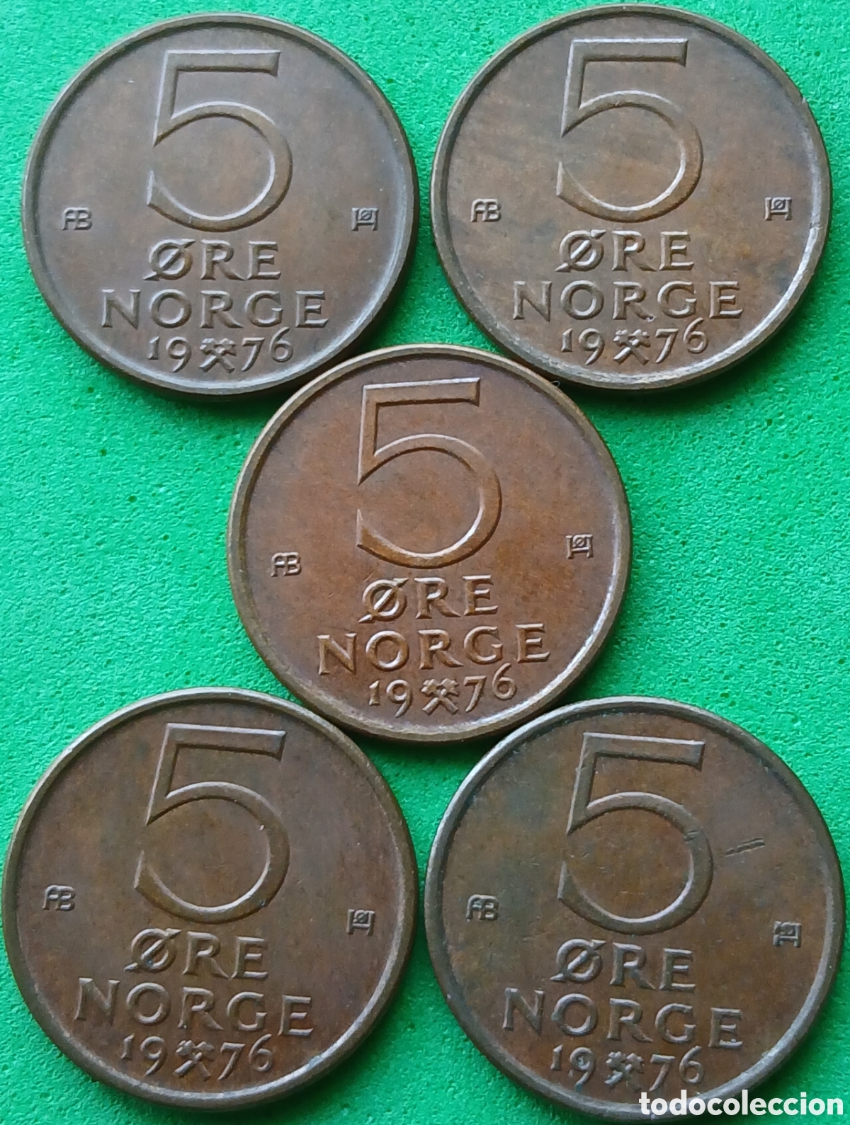 Monedas antiguas de Europa: Noruega 5 ore 1976 &times; 5 monedas. Km#415