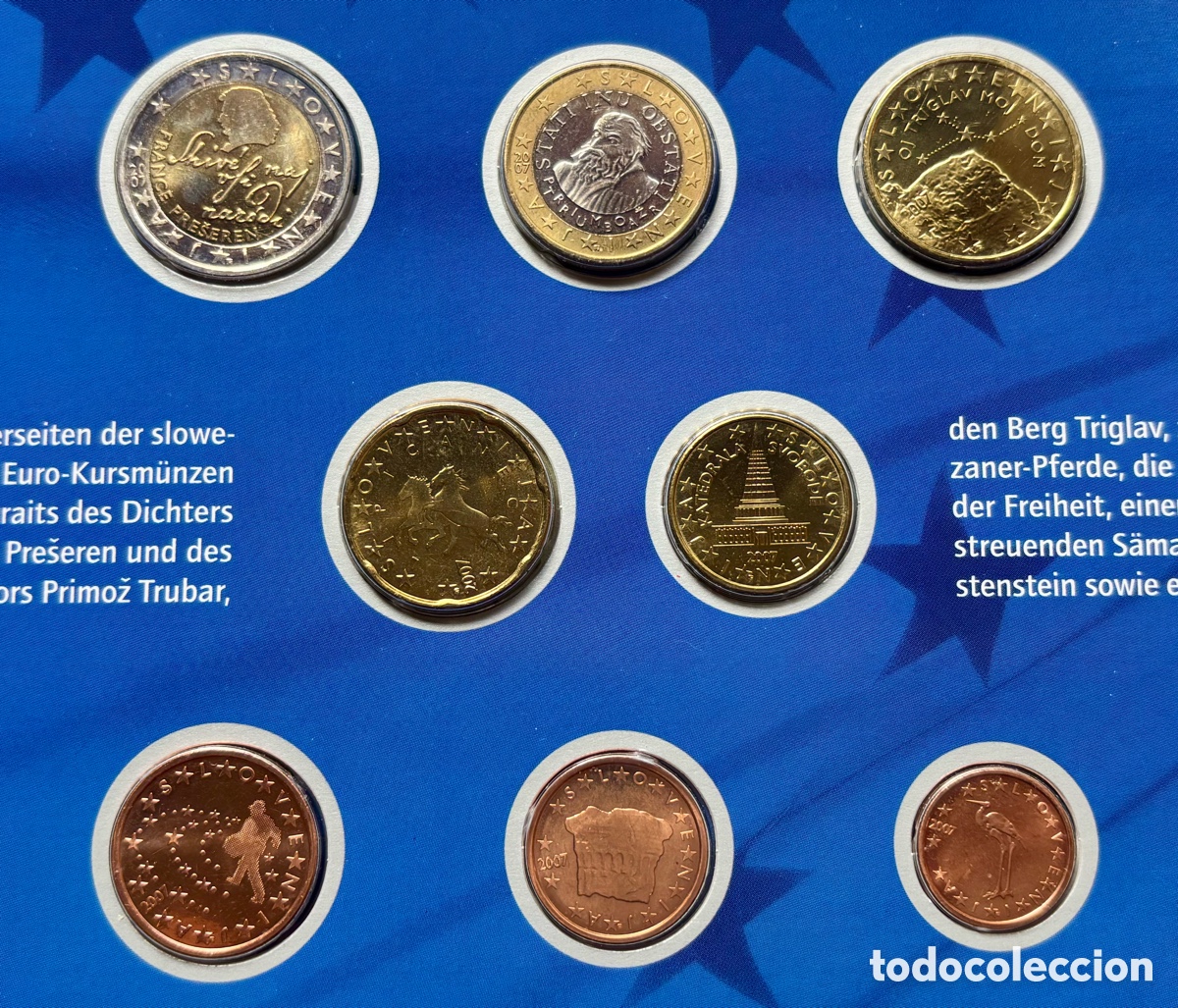 Monedas antiguas de Europa: Set Euros ESLOVENIA 2007 SC. 8 Valores + 4 Sellos. Serie Oficial Euro &euro;. Blister. Carpeta