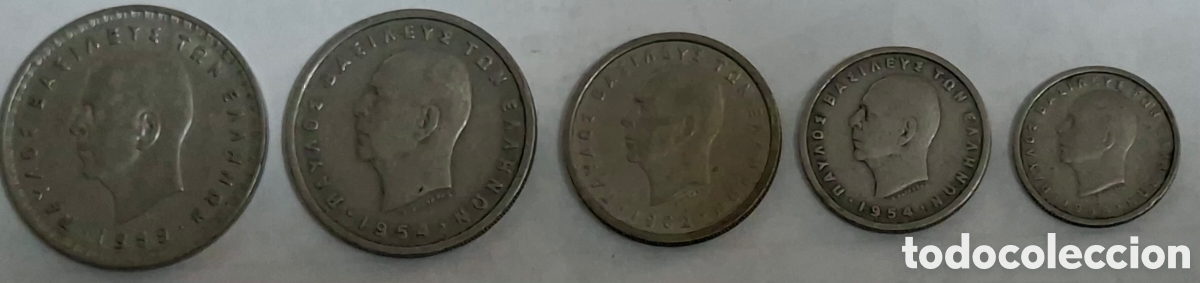 Monedas antiguas de Europa: 5 Monedas Grecia, 0,50, 1, 2, 5 y 10 Dracmas,MBC.