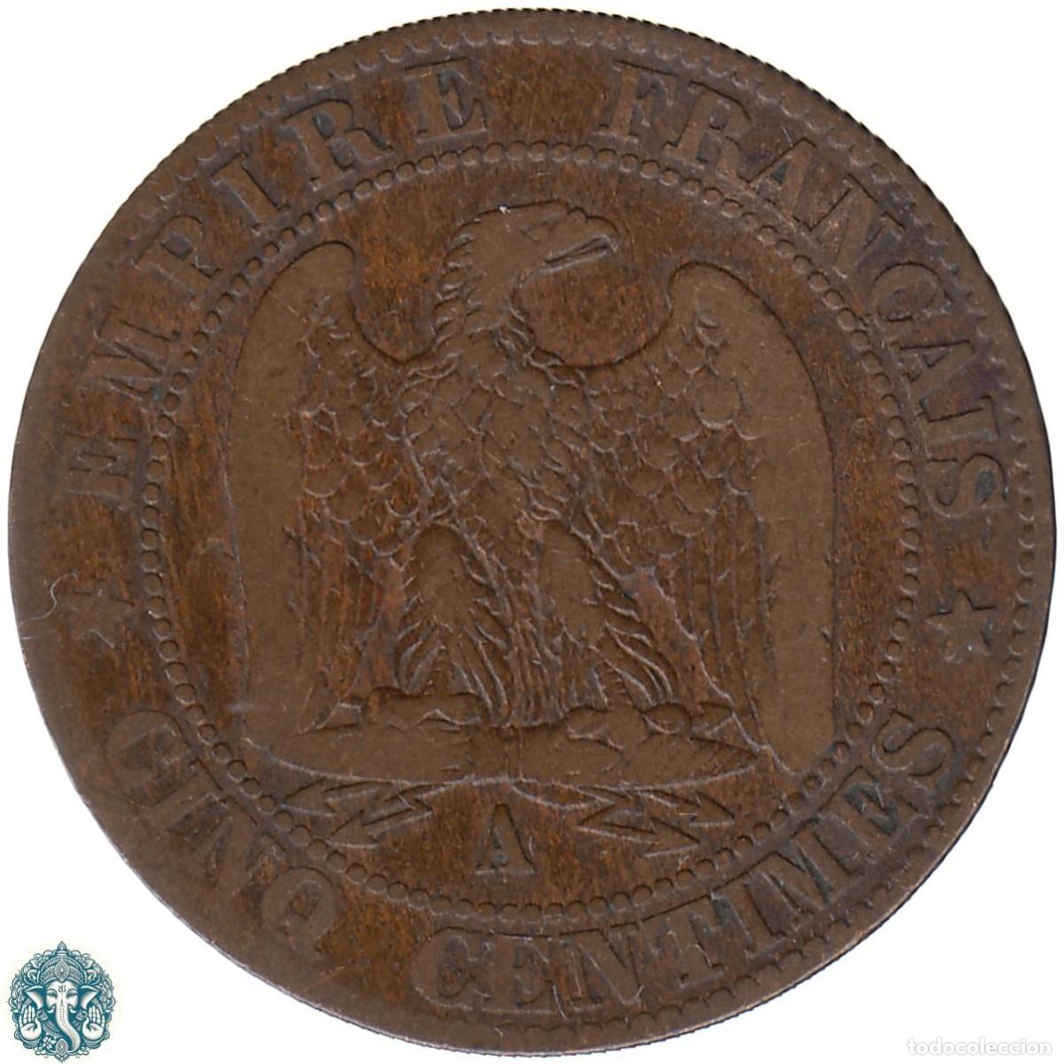 Monedas antiguas de Europa: FRANCIA 5 C&eacute;ntimos 1855 Napole&oacute;n III Ceca A Par&iacute;s Marca Cabeza de perro KM#777