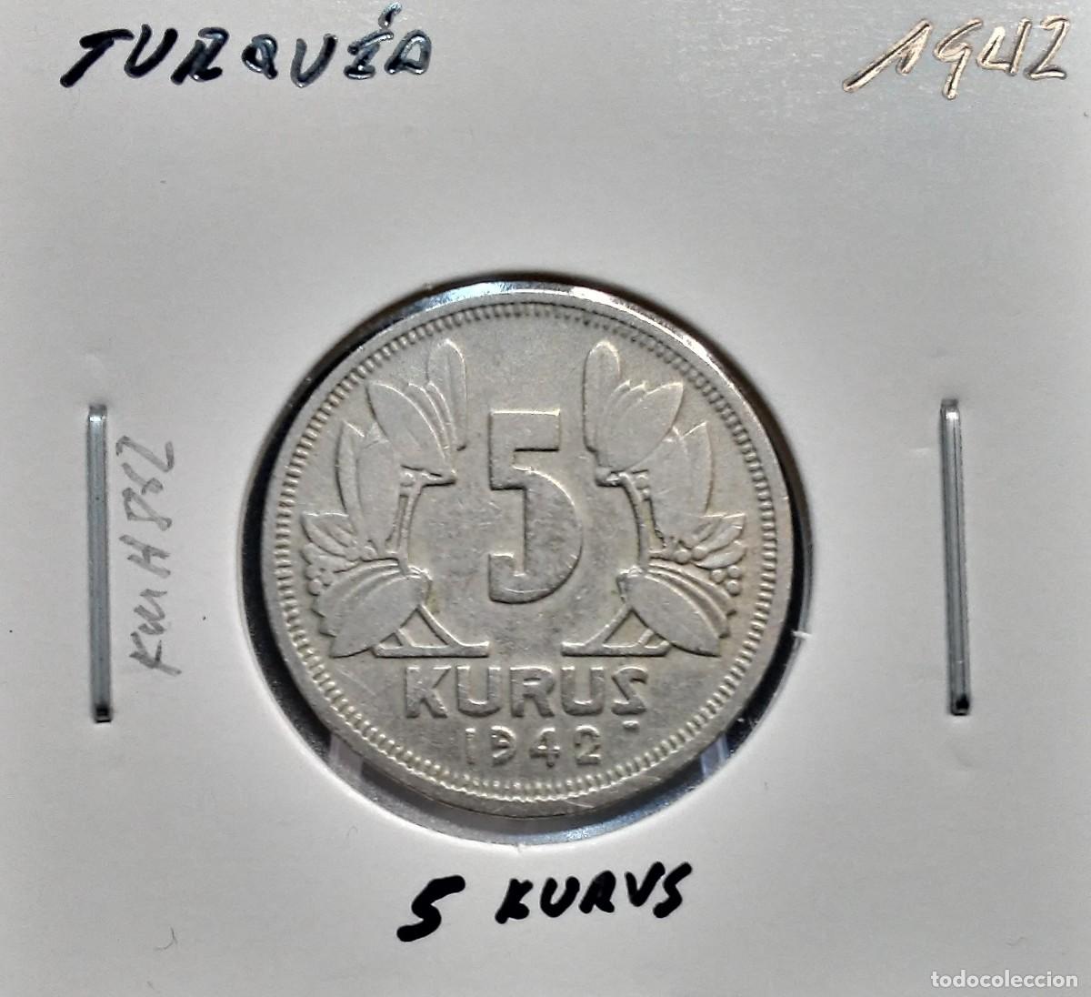 Moedas antigas da Europa: TURQU&Iacute;A 5 KURUS 1942 KM#862 MBC.