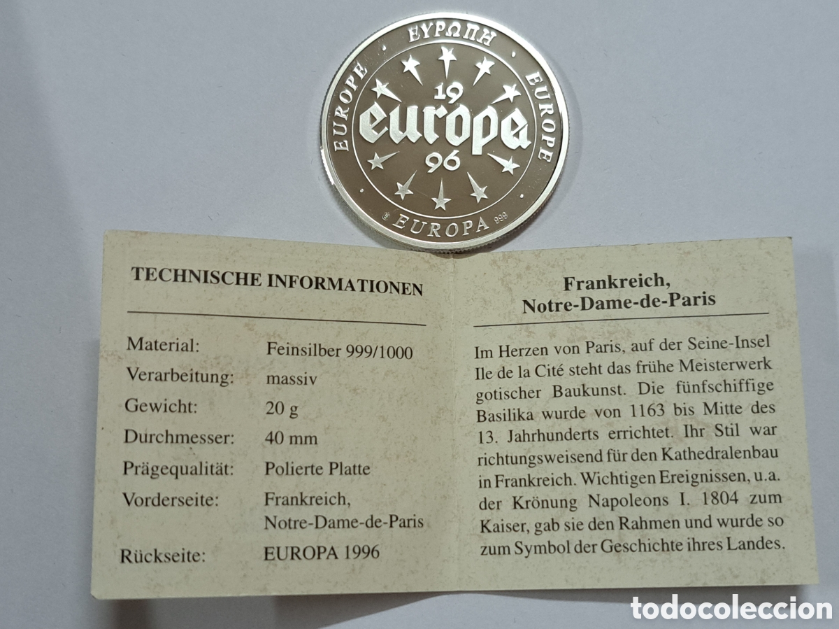 Monedas antiguas de Europa: Medalla de plata pura 999 con certificado de autenticidad calidad proof a&ntilde;o 1996