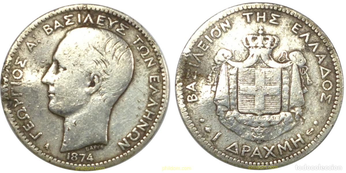 Old Coins of Europe: 1318 GRECIA 1874 GREECE GREEK COIN GEORGIOS A 1874 1 DRACHME