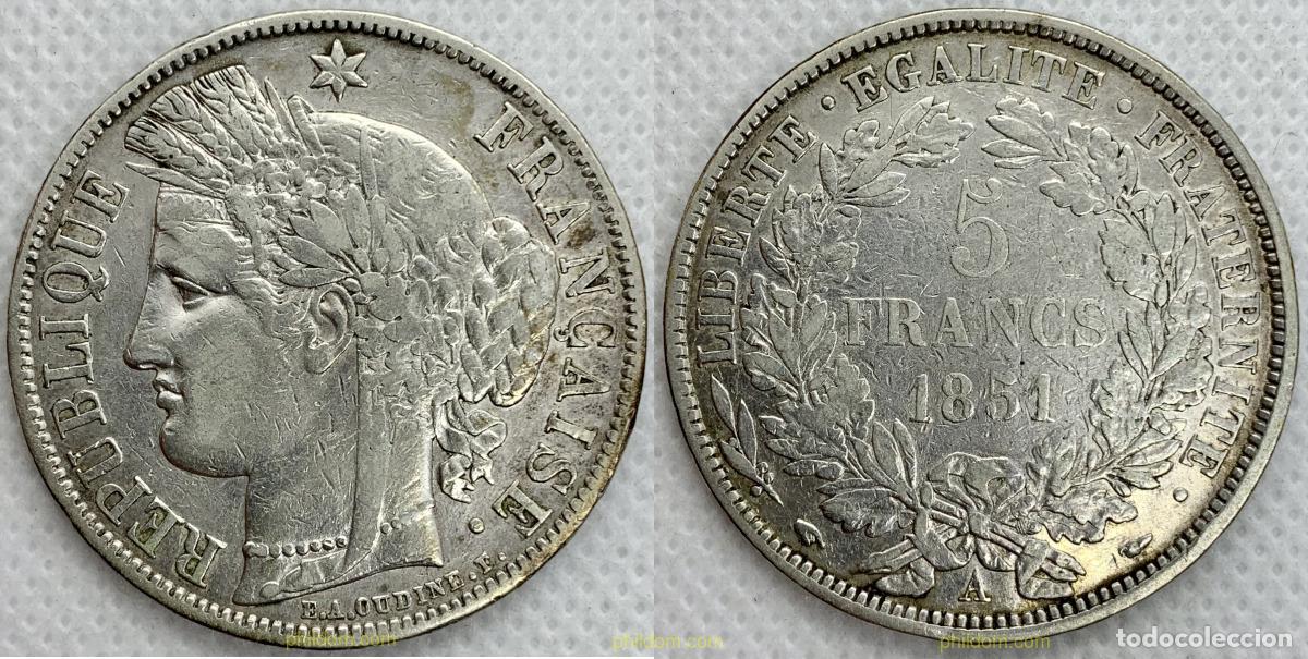 Moedas antigas da Europa: 2553 FRANCIA 1851 FRANCE 5 FRANCS 1851 A PARIS