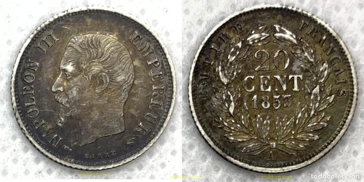 Moedas antigas da Europa: 2567 FRANCIA 1853 FRANCE NAPOLEON 111 1853 20 CENT