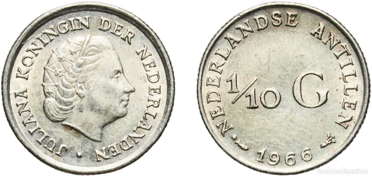 Old Coins of Europe: Netherlands Antilles Dutch colony 1966 ⅒ Gulden - Juliana Silver (.640) (36% copper) Utrecht Mint (