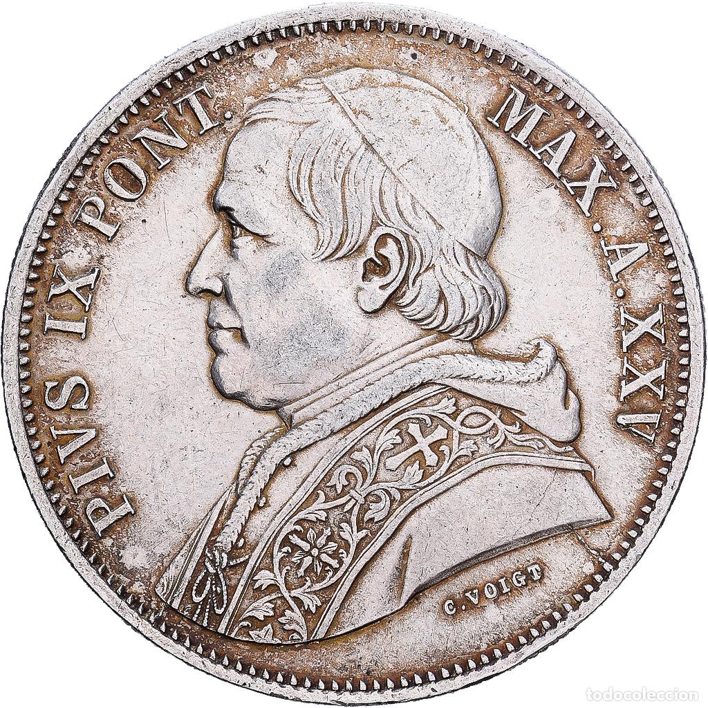 Monedas antiguas de Europa: [#1203084] Papal States, PAPAL STATES, Pius IX, 5 Lire, 1870 (Anno XXV), Rome, Plata, MBC+