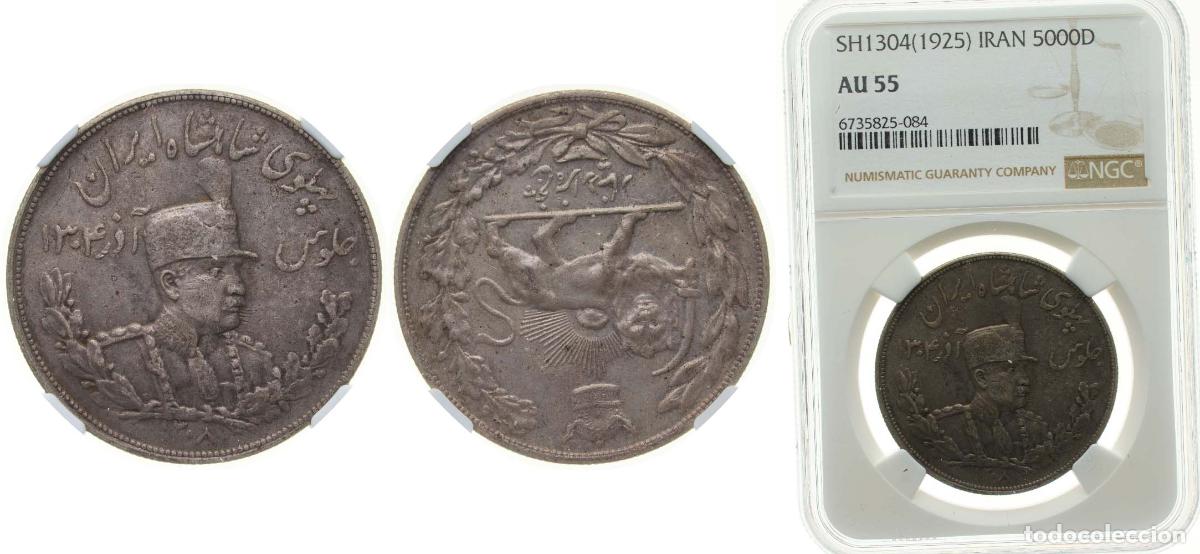 Old Coins of Europe: Iran Empire SH 1308 (1929) 5000 Dīnār - Rezā Pahlavī Silver (.900) Tehran Mint (584000) 23.025g NGC