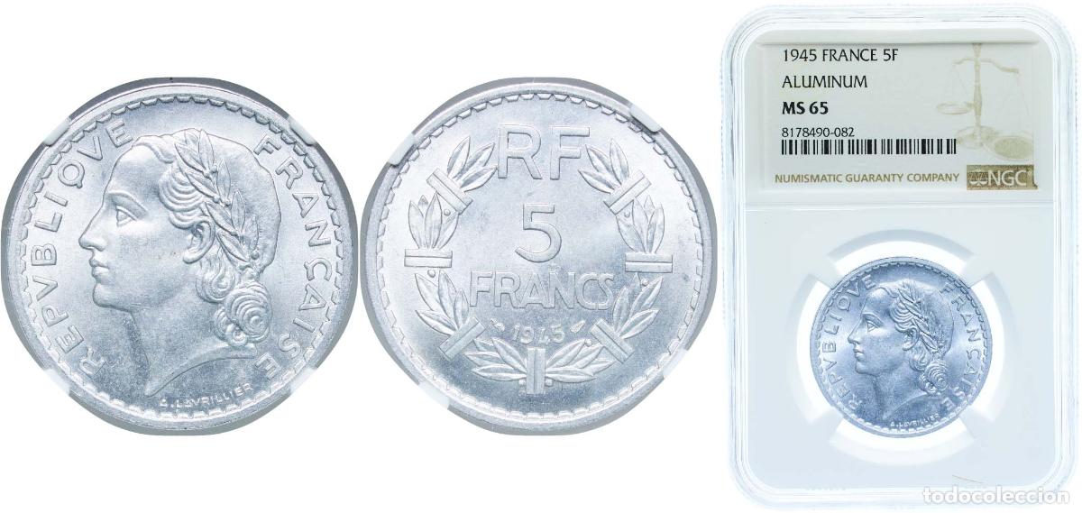 Monedas antiguas de Europa: France 1945 5 Francs Aluminium Monnaie de Paris Mint 3.5g NGC MS 65 F 339 Gad 766 KM 888b Sch&ouml;n 203