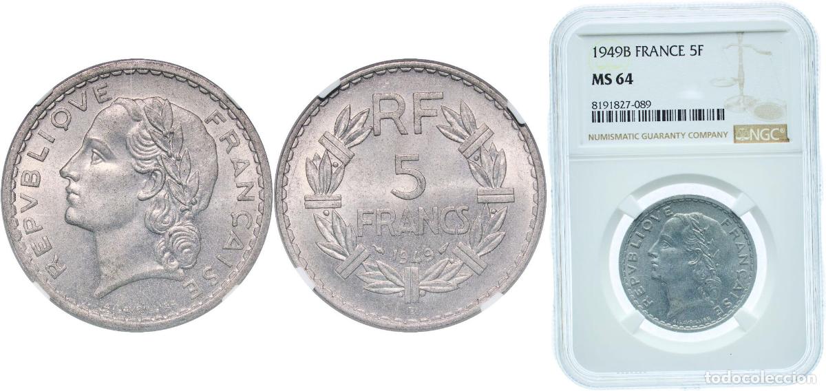 Monedas antiguas de Europa: France Fourth Republic 1949 B 5 Francs Aluminium Beaumont-le-Roger Mint (48414000) 3.5g NGC MS 64 K
