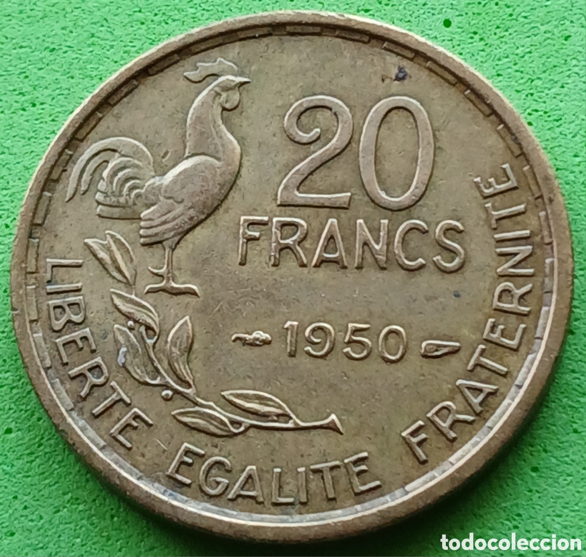 Monedas antiguas de Europa: Francia 20 francos 1950 km#917 sin marca de ceca/ signatura &rdquo;G.Guiraud&rdquo;
