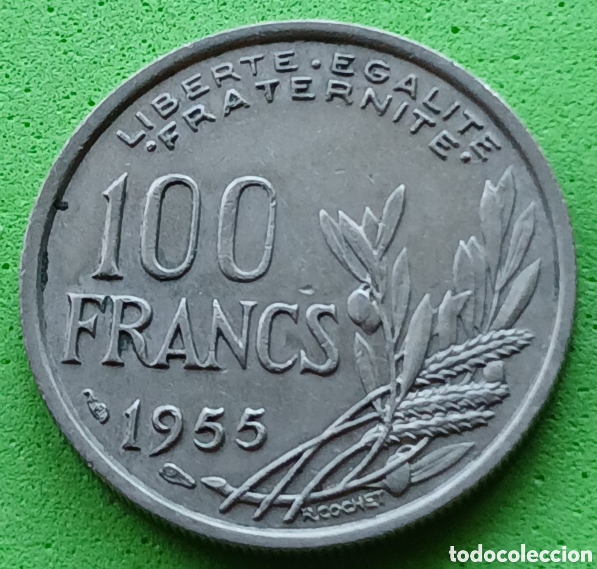 Monedas antiguas de Europa: Francia 100 francos 1955 km#919 sin marca de ceca