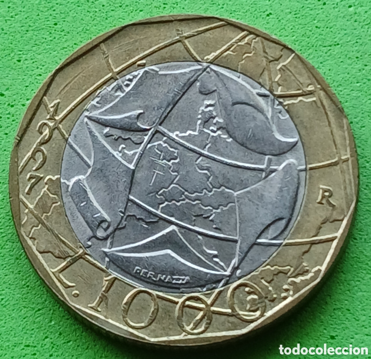 Monedas antiguas de Europa: Italia 1000 liras 1997 km#190 error en el mapa - RDA y RFA