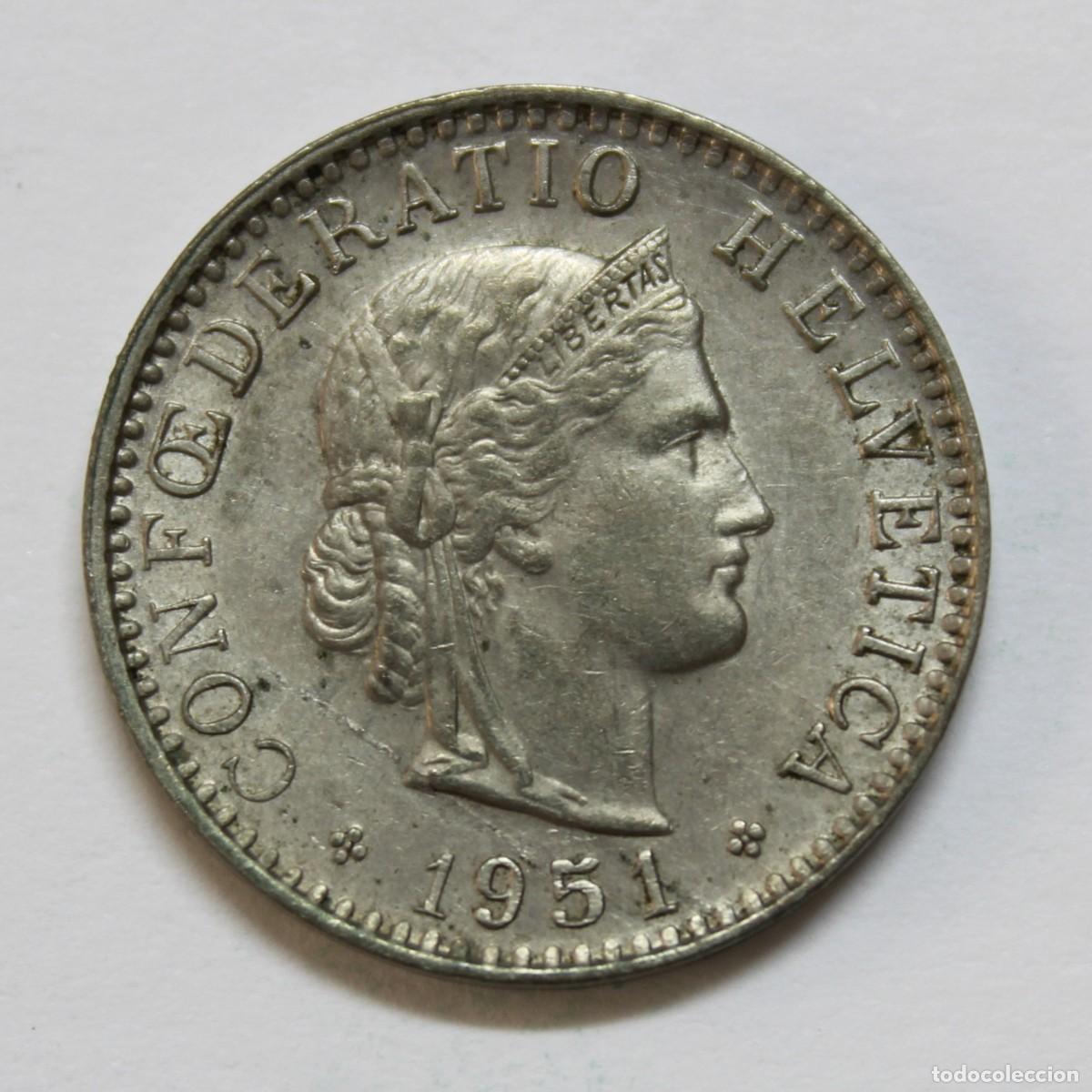 Monedas antiguas de Europa: Moneda Suiza 20 Rappen 1951 B Berna Helvetia Cupron&iacute;quel Circulada