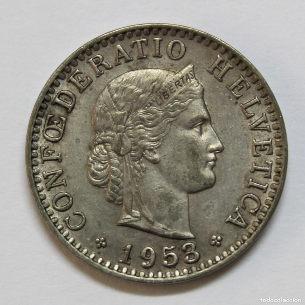 Monedas antiguas de Europa: Moneda Suiza 20 Rappen 1953 B Berna Helvetia Cupron&iacute;quel Switzerland Circulada