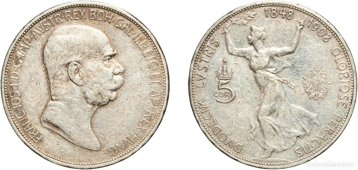 Monedas antiguas de Europa: Austria Empire 1908 5 Corona - Franz Joseph I (Reign) Silver (.900) Vienna Mint (3941600) 23.95g VF