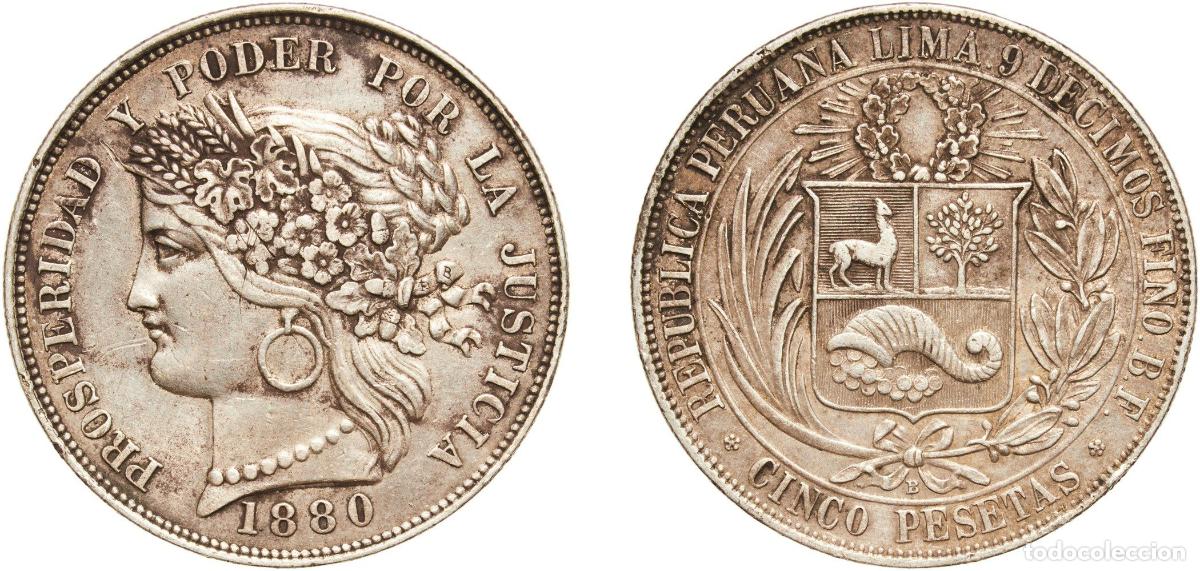 Monedas antiguas de Europa: Peru Republic 1880 BF 5 Pesetas Silver (.900) 24.88g XF KM 201