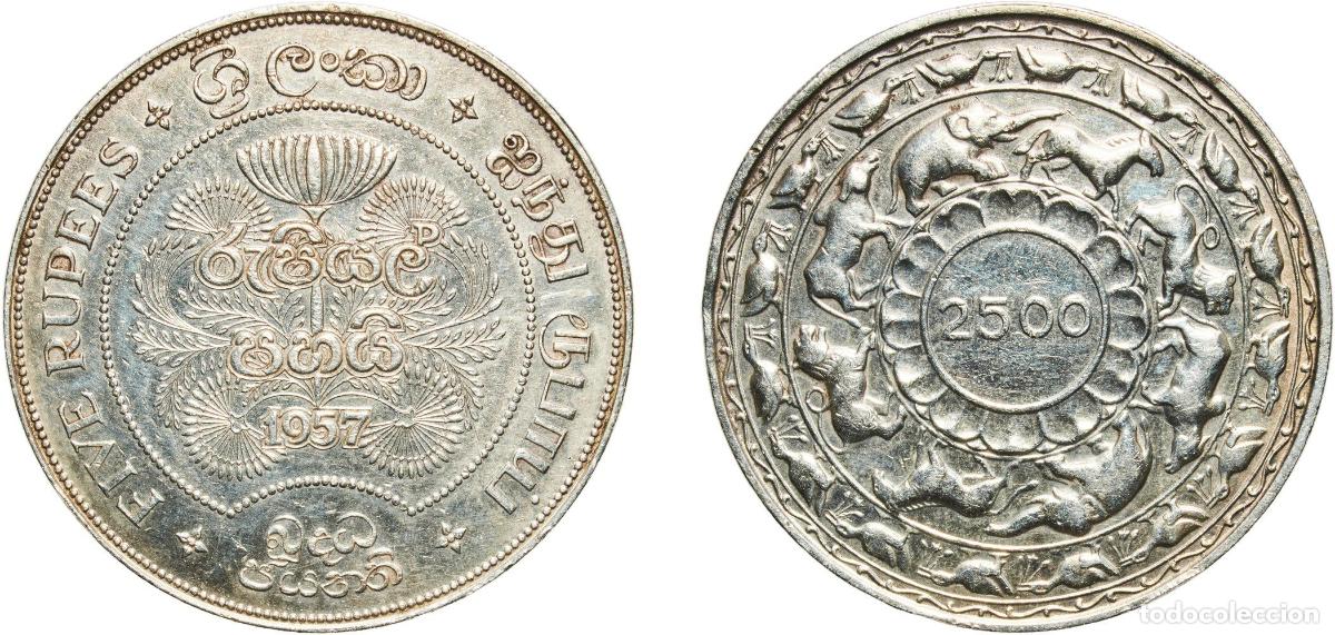 Monedas antiguas de Europa: Sri Lanka British Ceylon colony 1957 5 Rupees - Elizabeth II (Buddha) Silver (.925) Royal Mint (Tow