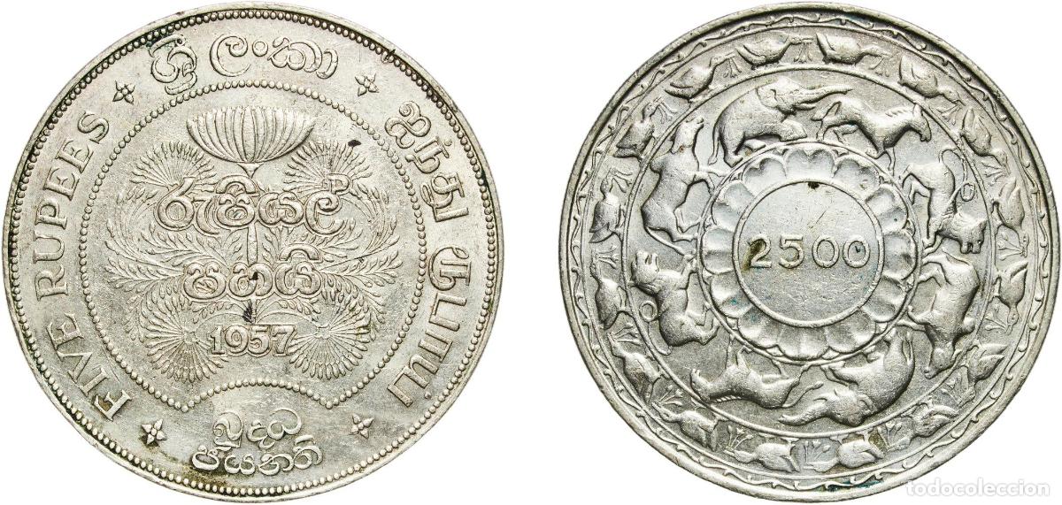 Monedas antiguas de Europa: Sri Lanka British Ceylon colony 1957 5 Rupees - Elizabeth II (Buddha) Silver (.925) Royal Mint (Tow