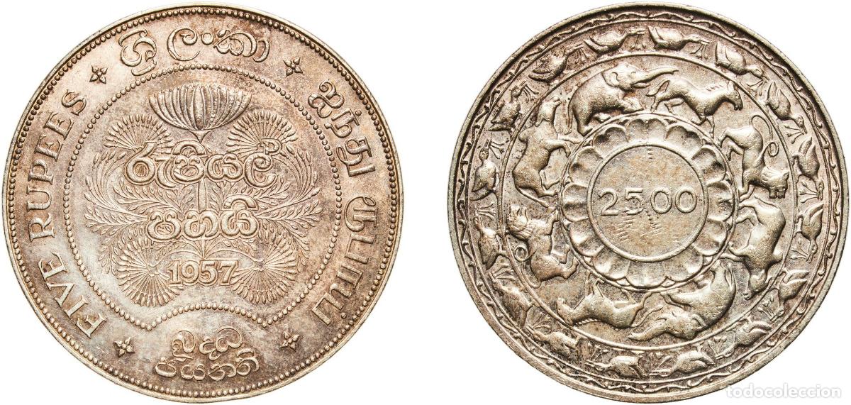 Monedas antiguas de Europa: Sri Lanka British Ceylon colony 1957 5 Rupees - Elizabeth II (Buddha) Slight patina Silver (.925) R