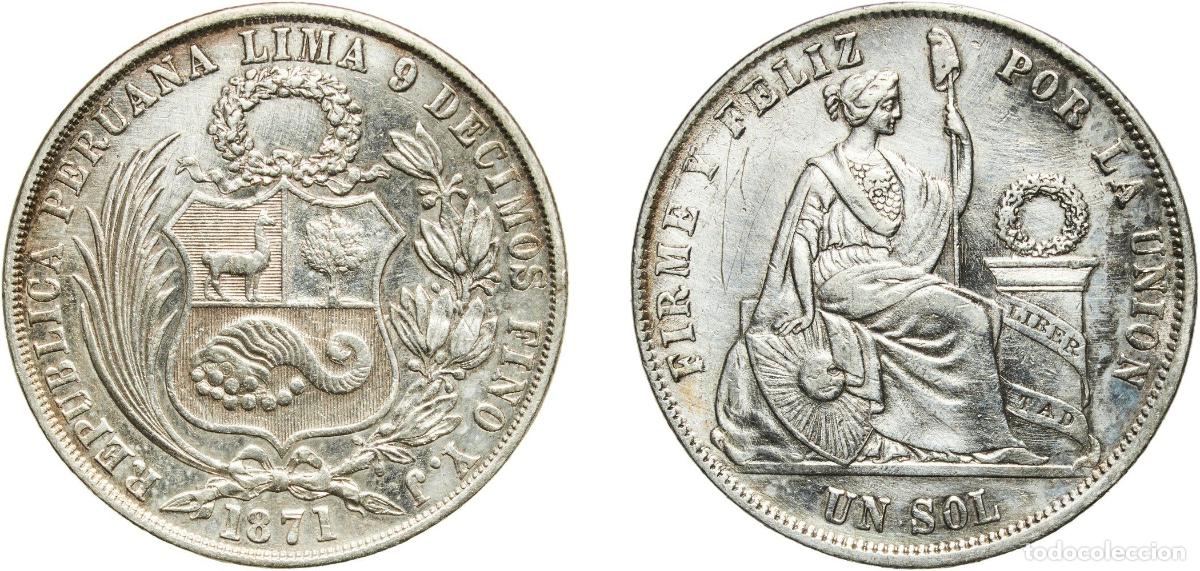 Monedas antiguas de Europa: Peru Republic 1871 YJ 1 Sol Silver (.900) (Copper .100) 24.89g XF Cleaned KM 196.3