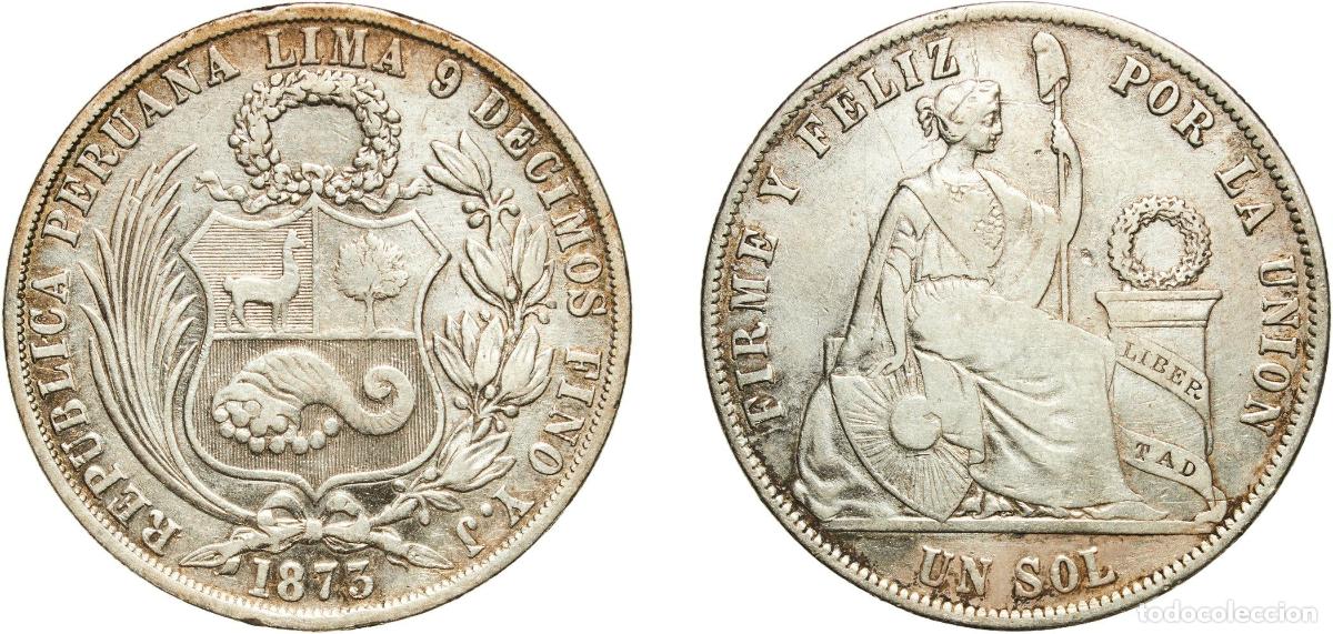 Monedas antiguas de Europa: Peru Republic 1873 YJ 1 Sol Silver (.900) (Copper .100) 24.72g VF KM 196