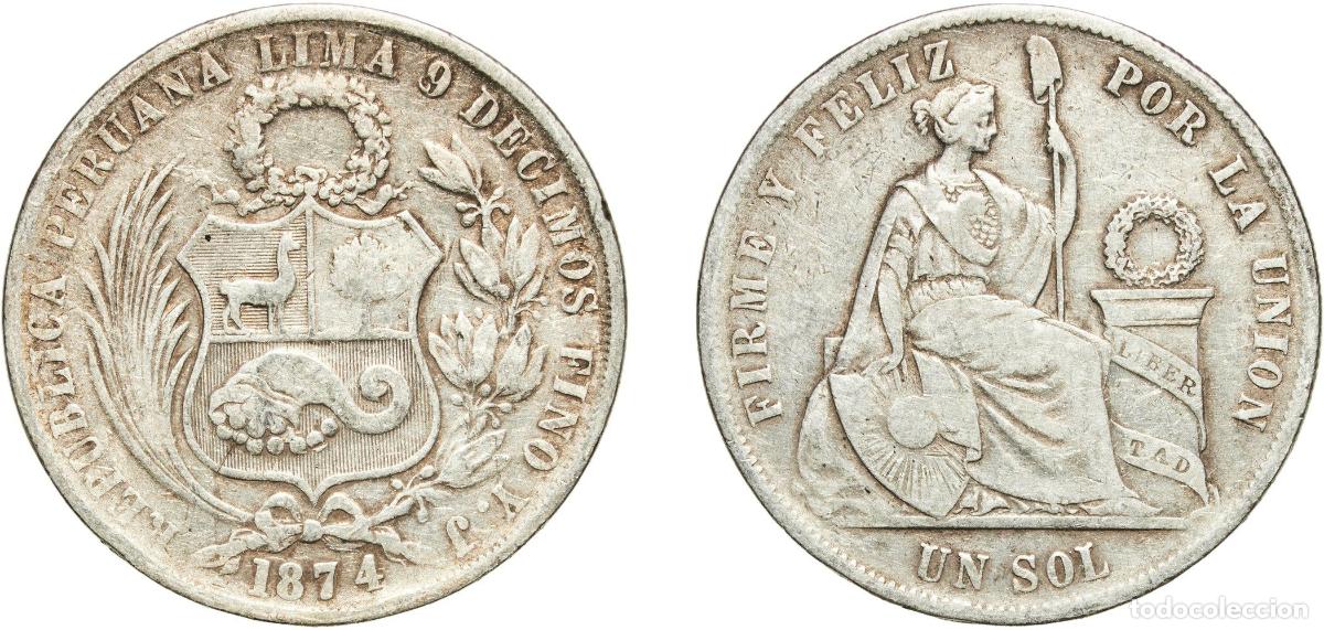 Monedas antiguas de Europa: Peru Republic 1874 YJ 1 Sol Silver (.900) (Copper .100) 24.64g VF KM 196.3