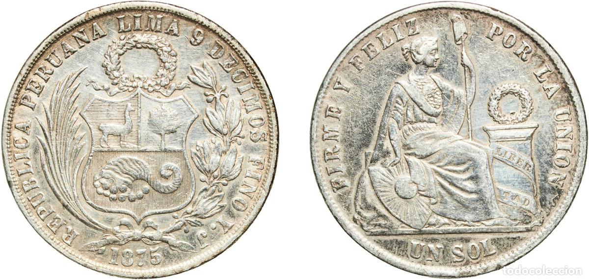 Monedas antiguas de Europa: Peru Republic 1875 YJ 1 Sol Silver (.900) (Copper .100) 24.74g XF KM 196.3