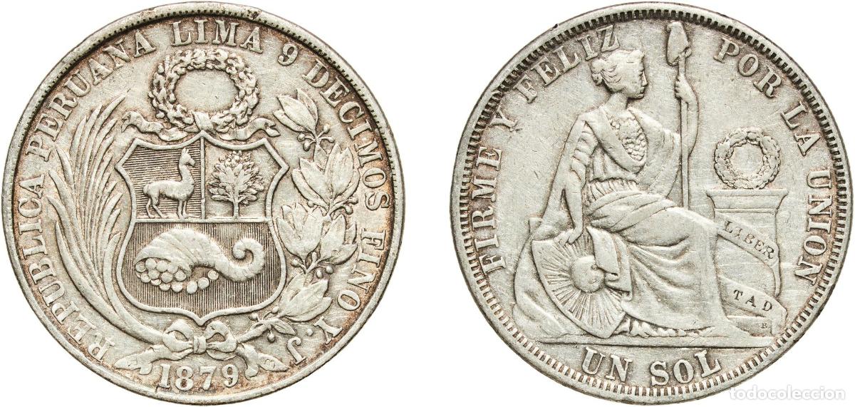 Monedas antiguas de Europa: Peru Republic 1879 YJ 1 Sol Silver (.900) (Copper .100) 24.85g VF KM 196.5