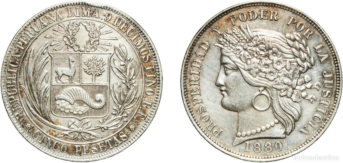 Monedas antiguas de Europa: Peru Republic 1880 BF 5 Pesetas Silver (.900) 25g XF KM 201