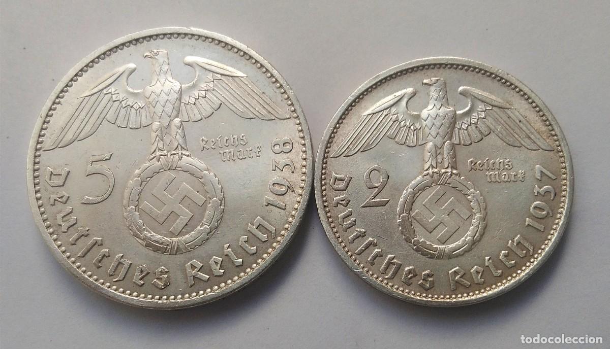 Monedas antiguas de Europa: MONEDAS 5 REICHSMARK 1938 Y 2 REICHSMARK 1937 PLATA ALEMANIA