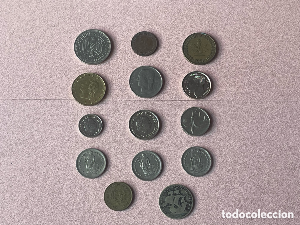 Monedas antiguas de Europa: Lote 14 monedas extranjeras &mdash; Europa, Per&uacute; e Israel