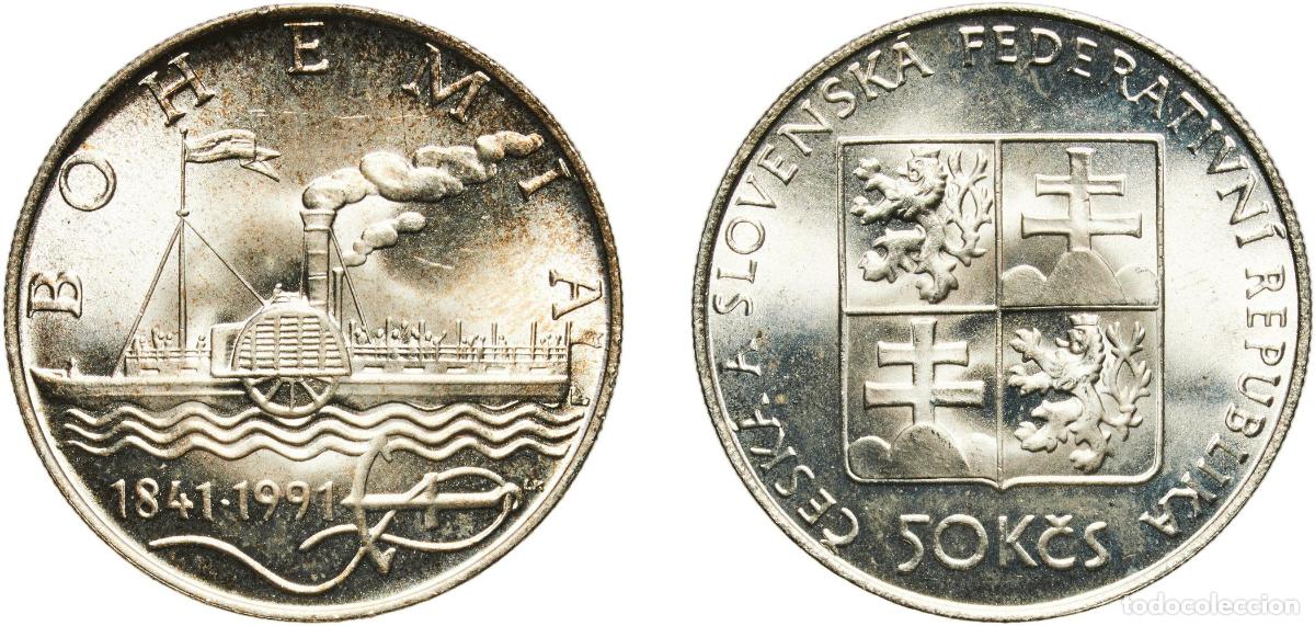 Monedas antiguas de Europa: Czechoslovakia Federal Republic 1991 50 Korun (First Steamship) Silver (.700) (77000) 7g UNC KM 14