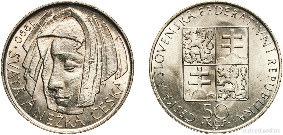 Monedas antiguas de Europa: Czechoslovakia Federal Republic 1990 50 Korun (St. Agnes) Silver (.500) (114000) 7.03g UNC KM 140